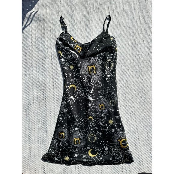 Wednesday's Girl Slip Dress Women's Extra Small Black Celestial Print Cowl Neck - Picture 3 of 7